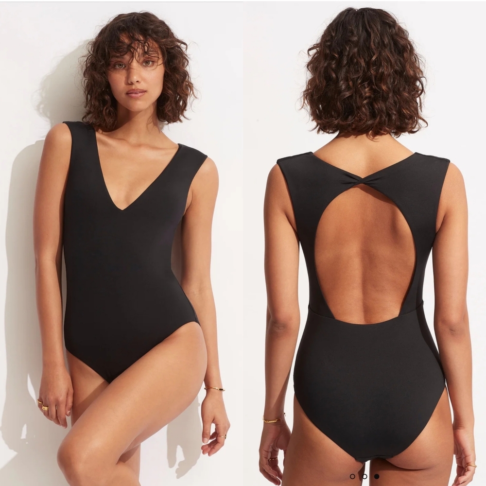 NWT Seafolly Australia Collective V Neck One Piece True Navy 14 Plus Swimsuit - Picture 2 of 8